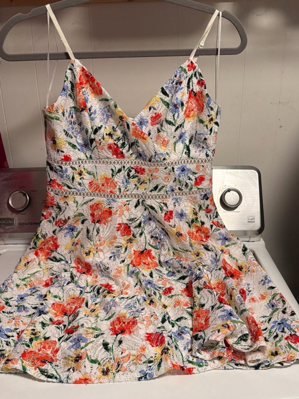 Blue Rain White Floral Mini Dress with Red, Blue and Green Accents